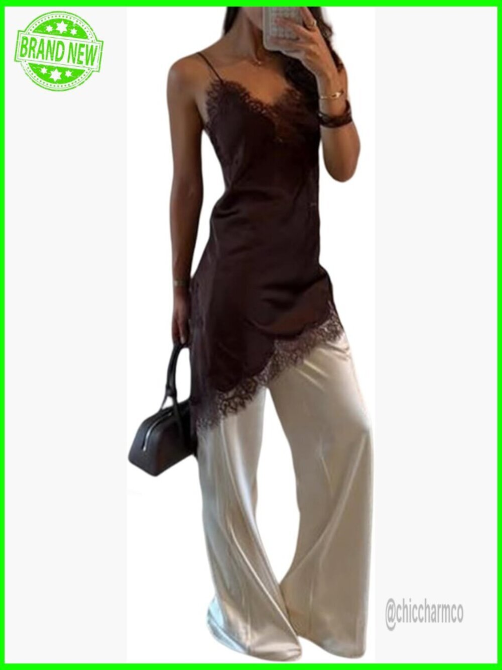 Satin Lace Trim Patchwork Camisole Top Irregular Hem Midi Cami Going Out Party